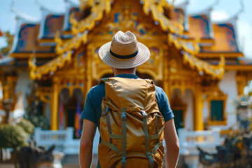 Back view of a traveler man with backpack at Thailand temple
