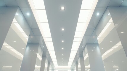 View indoors of white ceiling with PVC tiles and lighting captured from a low angle