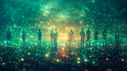 Connected Digital Community With Illuminated Network of People - Futuristic Social Interaction - Ai Generated
