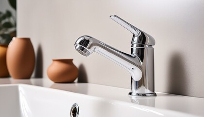 Closeup of a sleek chrome bathroom faucet for home remodeling and plumbing. Concept Bathroom Remodel, Plumbing, Chrome Fixtures, Sleek Design, Close-up Photography