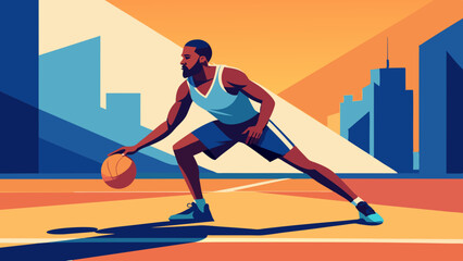 Dynamic Basketball Player Dribbling on Urban Court at Sunset
