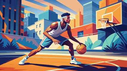 Dynamic Urban Basketball Player Dribbling on Street Court at Sunset