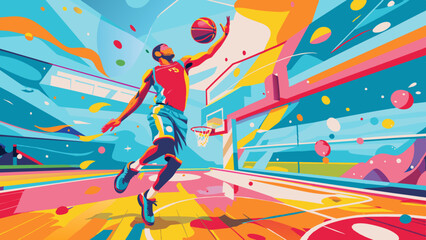 Dynamic Basketball Player Slam Dunking in Vibrant Abstract Arena