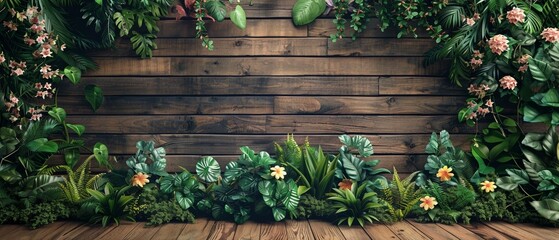 Beautiful wooden backdrop with lush green plants and flowers. Ideal for nature-inspired designs, garden themes, and natural backgrounds.
