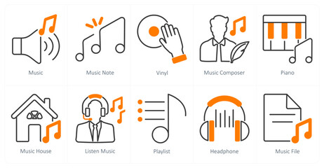 A set of 10 music icons as music, music note, vinyl