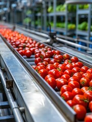 Tomatoes on a conveyor belt in a food processing plant showcasing industrial agriculture.