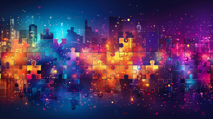 Fototapeta premium Building Together with Puzzle Pieces Forming a Dynamic Cityscape at Night - Ai Generated