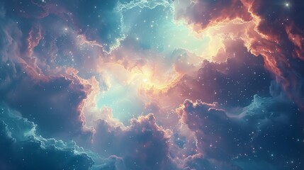 Dreamlike image of the cosmos with floating galaxies, soft pastel clouds, and shimmering stardust forming intricate patterns