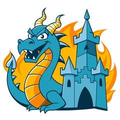 fierce dragon wrapped around a medieval castle, with flames and smoke adding dramatic effect.