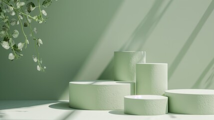 Five Minimalist Green Toned Round Podiums for Product Presentation on Empty Background. Ideal for E-commerce and Advertising Displays, Showcasing Minimalist Style and Elegance
