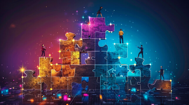 Collaborative Team Building Cosmic Puzzle in Digital Environment - Teamwork and Innovation - Ai Generated