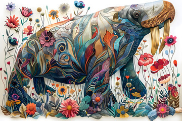 Beautiful Walrus Colorful Illustration. Intricate Details, Children's Book Illustration Style. Created with Generative AI