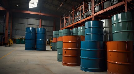 Barrel steel containers in factory warehouse Color barrel 
in industrial intarios.generative.ai