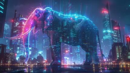 Obraz premium Cyber elephant trumpeting, neon city lights, vibrant blue purple green glow, futuristic metropolis, sleek metal, high-tech urban scene