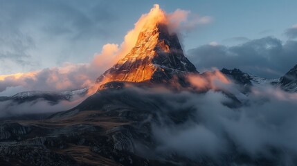 Fototapeta premium A majestic mountain peak basks in sunrise light, ethereal clouds swirling, showcasing nature's splendor.