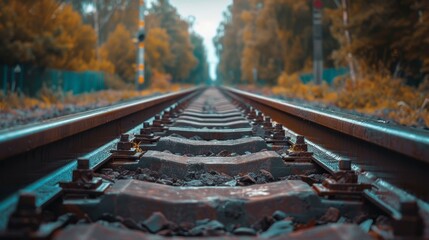 Naklejka premium Close-up of train tracks, with focus on the steel rails and wooden ties, minimal surrounding environment, raw aesthetic