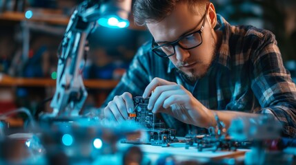 Close-up shot of a person intently working on an electronic circuit board with tools around