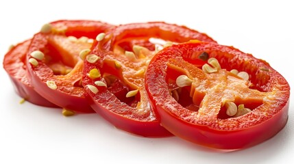 Close-up of sliced red chili peppers, showcasing their inner seeds and spicy texture, isolated on a white background, perfect for culinary promotions