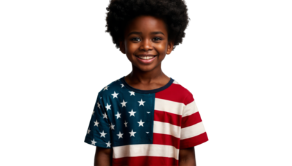 Smiling child wearing an American flag t-shirt on a transparent background. Ideal for 4th of July promotions, Independence Day celebrations, and patriotic campaigns.