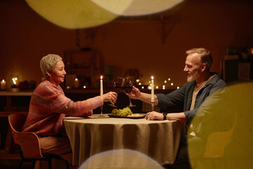 Side view portrait of senior couple enjoying romantic dinner at home and clinking wine glasses at candlelit table copy space