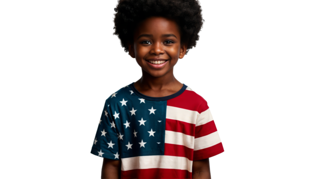 Smiling child wearing an American flag t-shirt on a transparent background. Ideal for 4th of July promotions, Independence Day celebrations, and patriotic campaigns.

