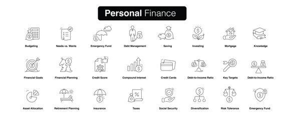 Personal Finance Icons. Financial Fitness Icons: Mastering Your Money with Simple Symbols. Editable Stroke Icons.