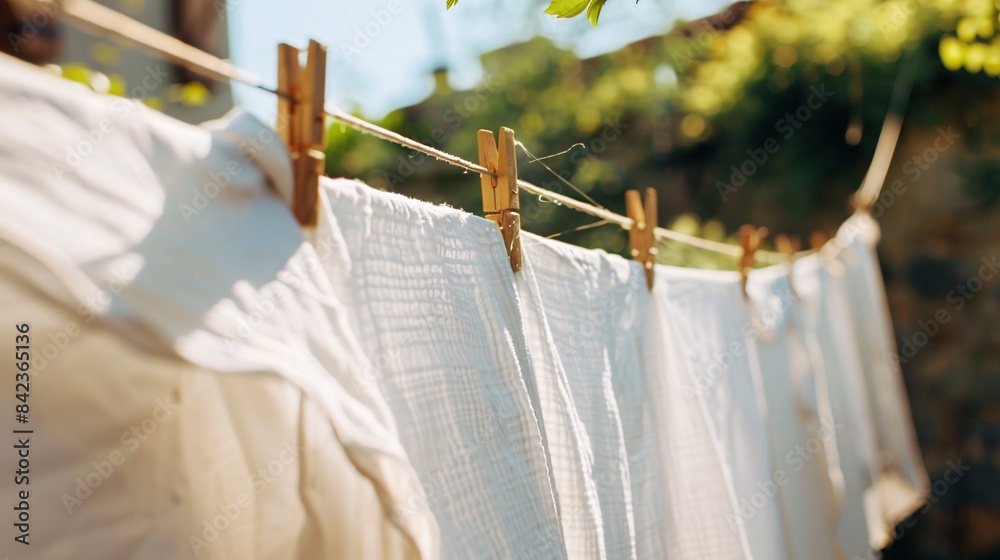 Wall mural a row of freshly laundered white bed sheets drying on a clothesline, generative ai