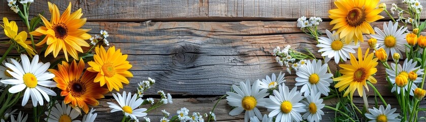 Fototapeta premium Rustic wooden background with vibrant yellow and white daisies, creating a charming floral border for a natural, fresh aesthetic.