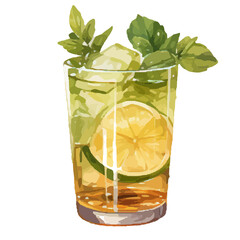 Vibrant Watercolor Cocktail with lime in a rocks glass Illustration in PNG, Cocktail with lemon and ice. Drink. Beach cocktail. Party. For printing on postcards, stickers, invitations, menus.
