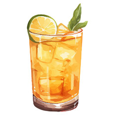 Vibrant Watercolor Cocktail with lime in a rocks glass Illustration in PNG, Cocktail with lemon and ice. Drink. Beach cocktail. Party. For printing on postcards, stickers, invitations, menus.