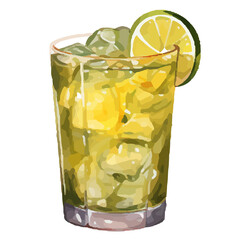 Vibrant Watercolor Cocktail with lime in a rocks glass Illustration in PNG, Cocktail with lemon and ice. Drink. Beach cocktail. Party. For printing on postcards, stickers, invitations, menus.
