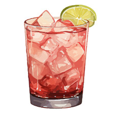 Vibrant Watercolor Cocktail with lime in a rocks glass Illustration in PNG, Cocktail with lemon and ice. Drink. Beach cocktail. Party. For printing on postcards, stickers, invitations, menus.