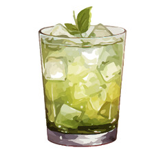 Vibrant Watercolor Cocktail with lime in a rocks glass Illustration in PNG, Cocktail with lemon and ice. Drink. Beach cocktail. Party. For printing on postcards, stickers, invitations, menus.

