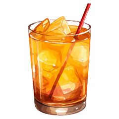 Vibrant Watercolor Cocktail with lime in a rocks glass Illustration in PNG, Cocktail with lemon and ice. Drink. Beach cocktail. Party. For printing on postcards, stickers, invitations, menus.
