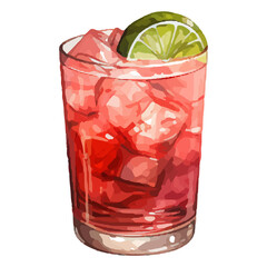 Vibrant Watercolor Cocktail with lime in a rocks glass Illustration in PNG, Cocktail with lemon and ice. Drink. Beach cocktail. Party. For printing on postcards, stickers, invitations, menus.
