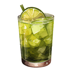Vibrant Watercolor Cocktail with lime in a rocks glass Illustration in PNG, Cocktail with lemon and ice. Drink. Beach cocktail. Party. For printing on postcards, stickers, invitations, menus.