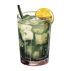 Vibrant Watercolor Cocktail with lime in a rocks glass Illustration in PNG, Cocktail with lemon and ice. Drink. Beach cocktail. Party. For printing on postcards, stickers, invitations, menus.