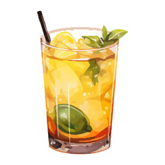 Vibrant Watercolor Cocktail with lime in a rocks glass Illustration in PNG, Cocktail with lemon and ice. Drink. Beach cocktail. Party. For printing on postcards, stickers, invitations, menus.
