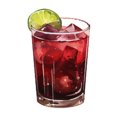 Vibrant Watercolor Cocktail with lime in a rocks glass Illustration in PNG, Cocktail with lemon and ice. Drink. Beach cocktail. Party. For printing on postcards, stickers, invitations, menus.
