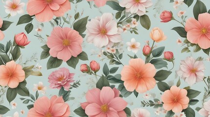 Obraz premium Vintage Style Pastel Color Seamless Floral Pattern, Pink Flowers Digital Wallpaper - Beautiful Retro Design for Home Decor, Creative Projects and Artistic Inspiration