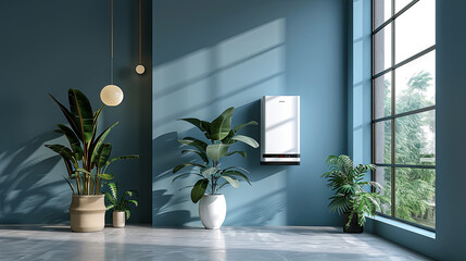 Modern electric boiler on blue wall 