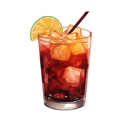 Vibrant Watercolor Cocktail with lime in a rocks glass Illustration in PNG, Cocktail with lemon and ice. Drink. Beach cocktail. Party. For printing on postcards, stickers, invitations, menus.