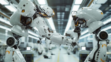 Fototapeta premium Two robotic arms appear to interact or perform a task in a high-tech laboratory environment