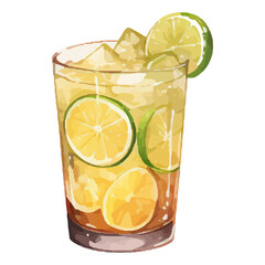 Vibrant Watercolor Cocktail with lime in a rocks glass Illustration in PNG, Cocktail with lemon and ice. Drink. Beach cocktail. Party. For printing on postcards, stickers, invitations, menus.