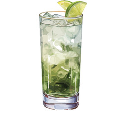Vibrant Watercolor Cocktail with lime in a rocks glass Illustration in PNG, Cocktail with lemon and ice. Drink. Beach cocktail. Party. For printing on postcards, stickers, invitations, menus.