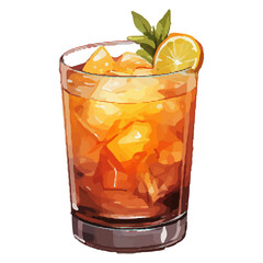 Vibrant Watercolor Cocktail with lime in a rocks glass Illustration in PNG, Cocktail with lemon and ice. Drink. Beach cocktail. Party. For printing on postcards, stickers, invitations, menus.