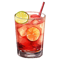 Vibrant Watercolor Cocktail with lime in a rocks glass Illustration in PNG, Cocktail with lemon and ice. Drink. Beach cocktail. Party. For printing on postcards, stickers, invitations, menus.