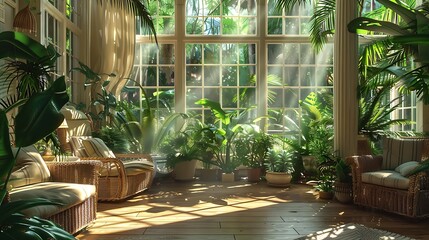 Fototapeta premium A cozy sunroom filled with lush green plants, light streaming through large windows, casting a serene glow on the wooden floor and wicker furniture