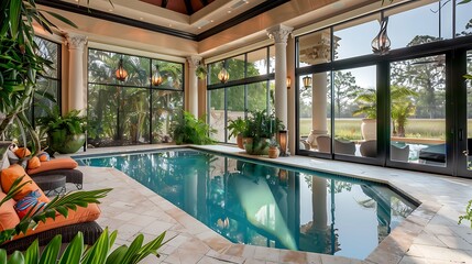Fototapeta premium A luxurious sunroom with an indoor pool, surrounded by tropical plants and large glass walls offering a panoramic view of the landscape