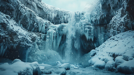 A majestic frozen waterfall in a snowy mountain landscape, side view, capturing the serene beauty of winter - Powered by Adobe